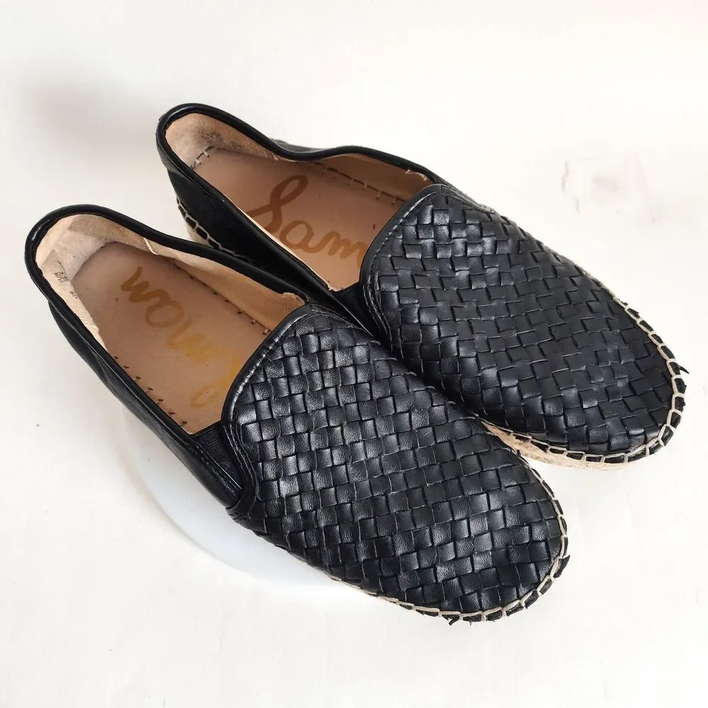 Steve Madden Espadrilles Flats Size 9 Black Woven Leather Slip On Platform Shoes